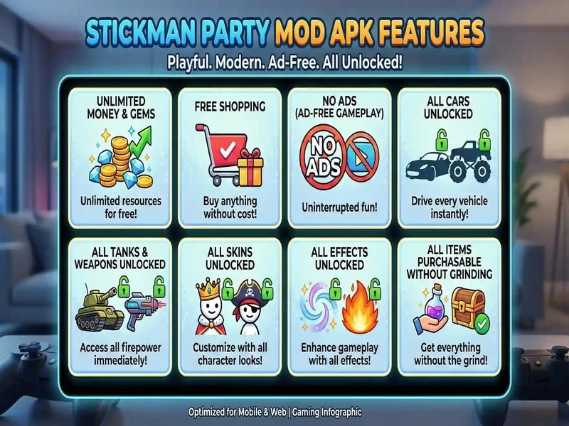 Tải Stickman Party Mod Apk (Vô Hạn Tiền) V2.4.9.2 Tính Năng Nổi Bật Trong Stickman Party Mod Apk