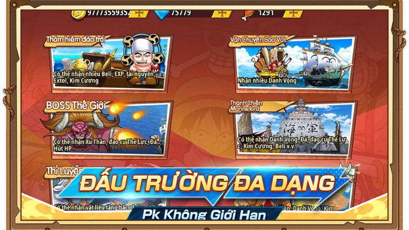 Tải Hack Thế Giới Hải Tặc (Menu, Vô Hạn Tiền, Kim Cương) v1.0 Đấu trường đa dạng trong Hack Thế Giới Hải Tặc