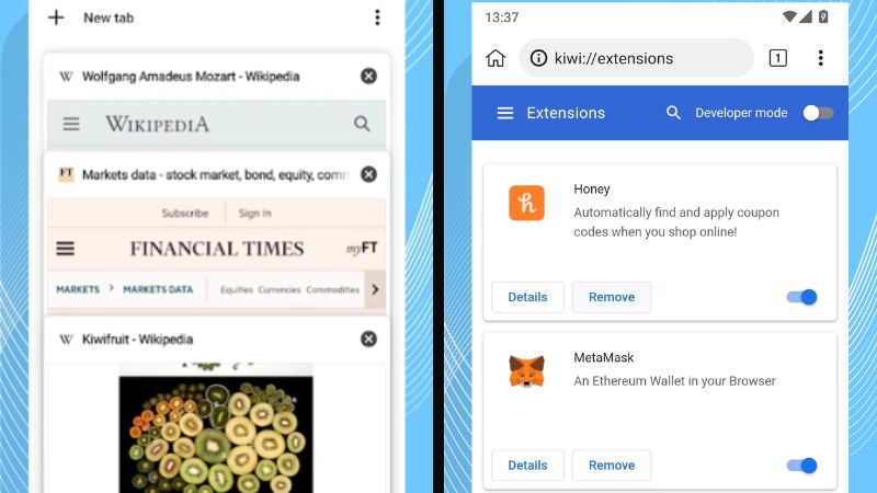 Tải Kiwi Browser APK v139.0.7339.0 Miễn Phí Hỗ trợ hầu hết các tiện ích mở rộng của Chrome trong Kiwi Browser APK